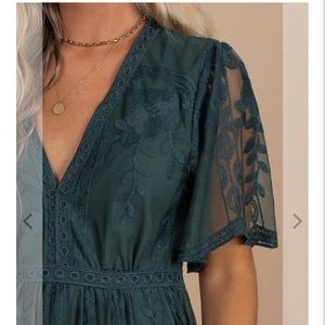 Bella Ella Boutique: Light My Fire Dark Teal Lace Maxi Dress medium. Dark green.
